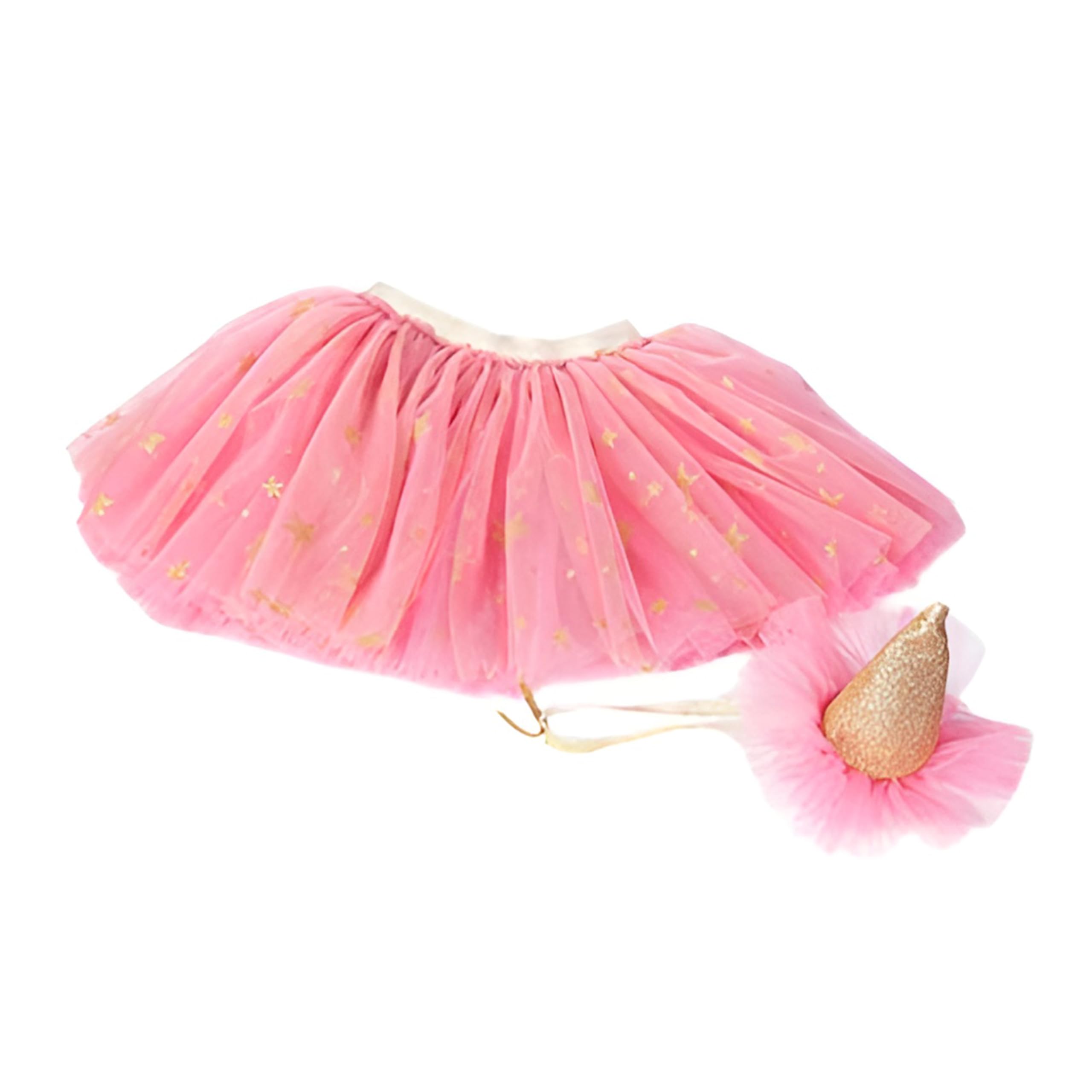 MON AMI Sparkle Gold Birthday Cone Hat – 20 Inches with Elastic Headband & Matching Pink Tulle Tutu Skirt | Dress-Up Costume Set | Cute Celebration &