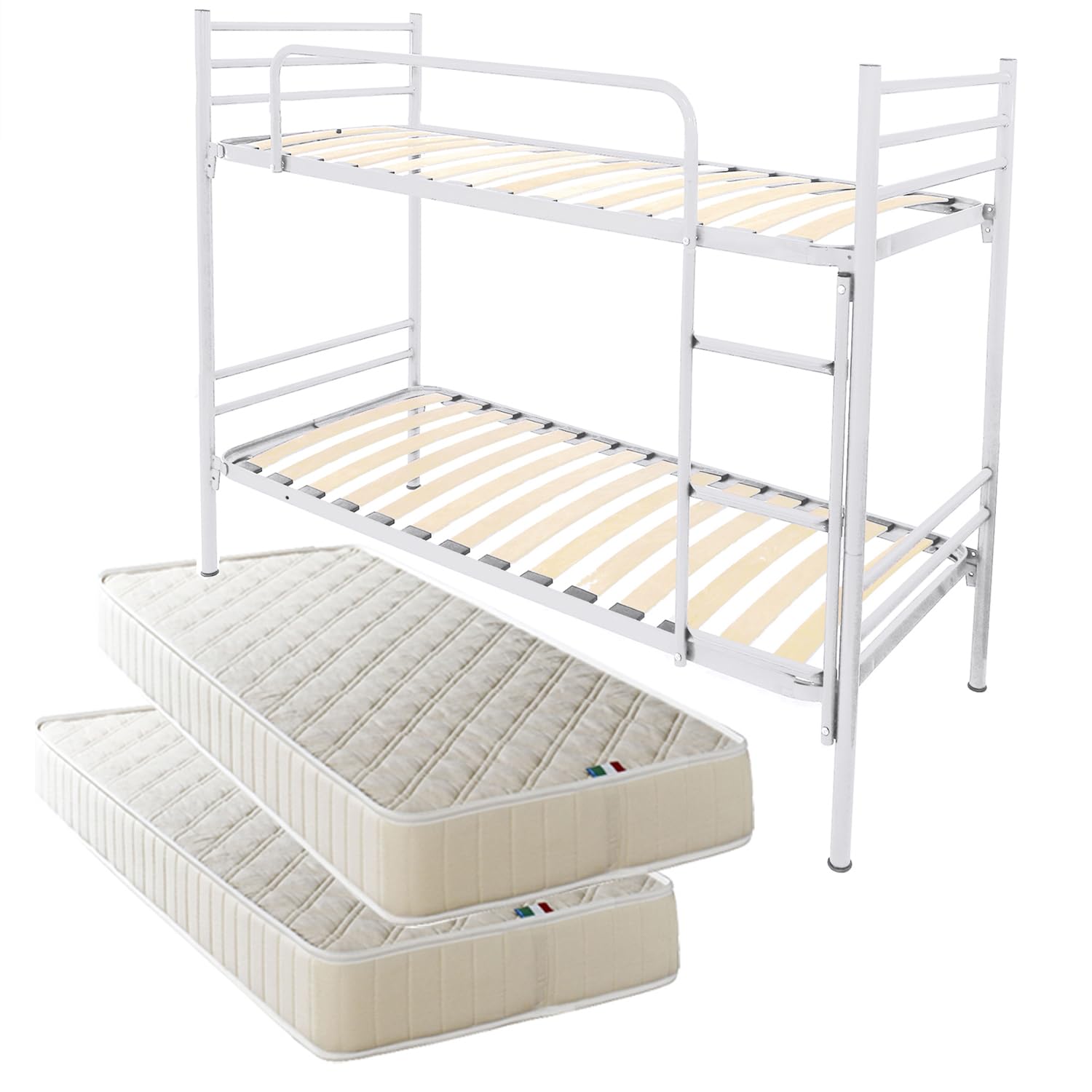 Letto a Castello Bianco Style Moderno per Adulti e Bambini 200x80 cm Altezza 150 cm, scomponibile 2 letti singoli+ 2 Materassi Ecosan