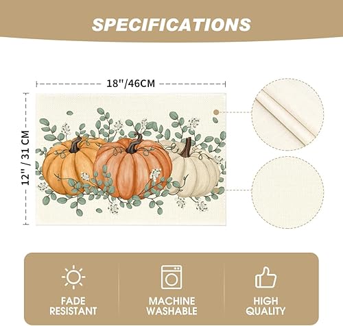 Miniatura 5 de Artoid Mode Juego de 4 manteles individuales de otoño con hojas de eucalipto y calabazas naranjas, 12 x 18 pulgadas, para decoración de fiestas,