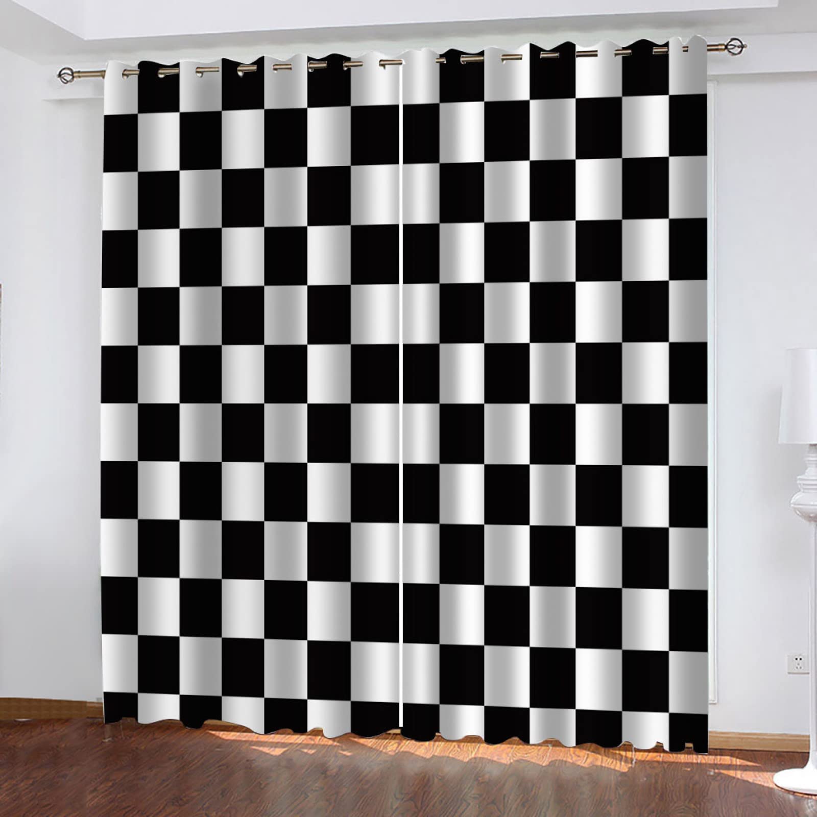 Amazon｜WJYMJJ 遮光カーテン 黒と白のチェック柄 ドレープカーテン 2