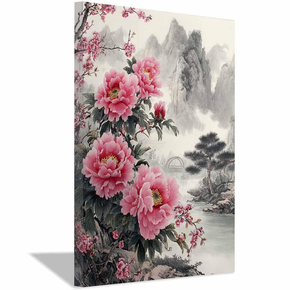 Xeniou Multicolor Flower Posters Chinese Peony Landscapes S S S Canvas Wall Art, For Bedroom Office Home Decorations(Multicolor)-70X100cm Framed