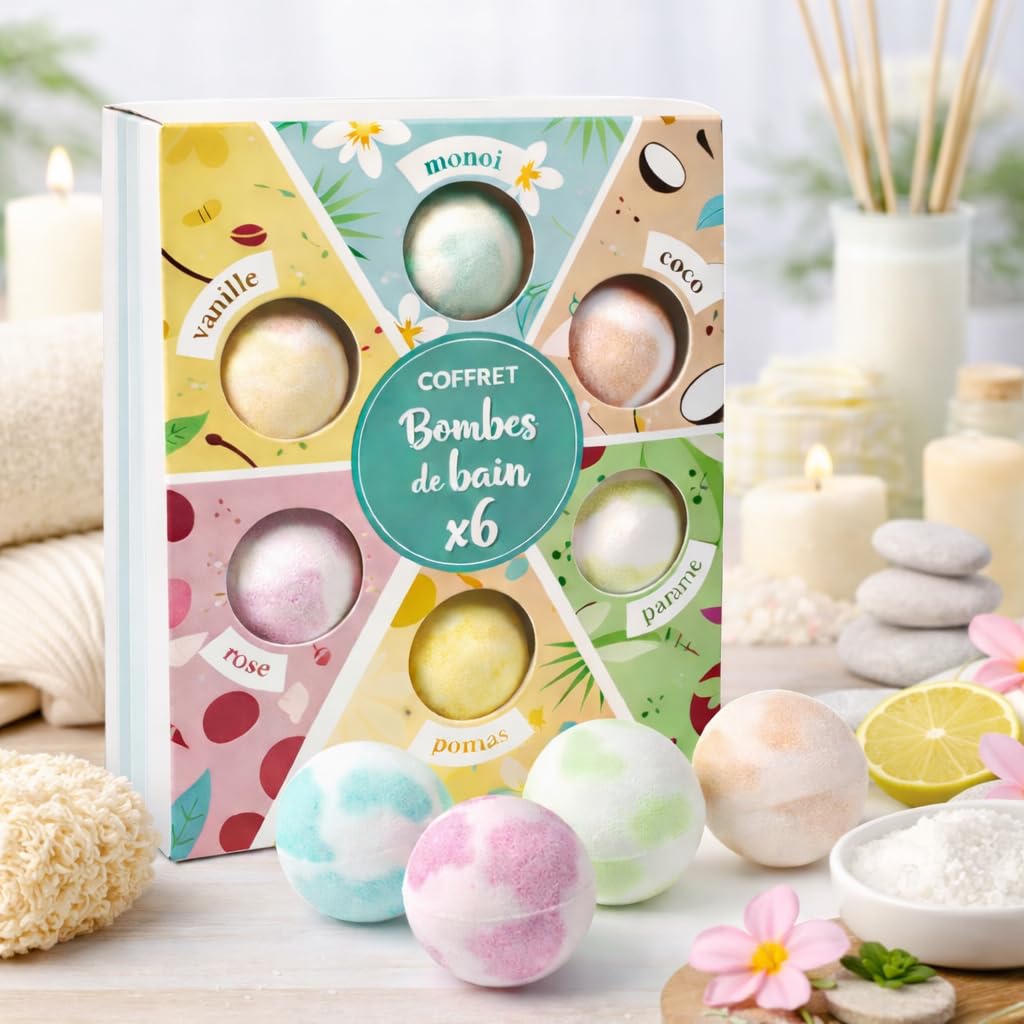 French Tendance - Coffret 6 Bombes de Bain - 6 x 60g - Effet Relaxant, Moment Détente - Senteurs Monoi, Vanille, Coco, Ananas, Pomme, Fleur de Cerisier - Kit Bombe Bain Moussant