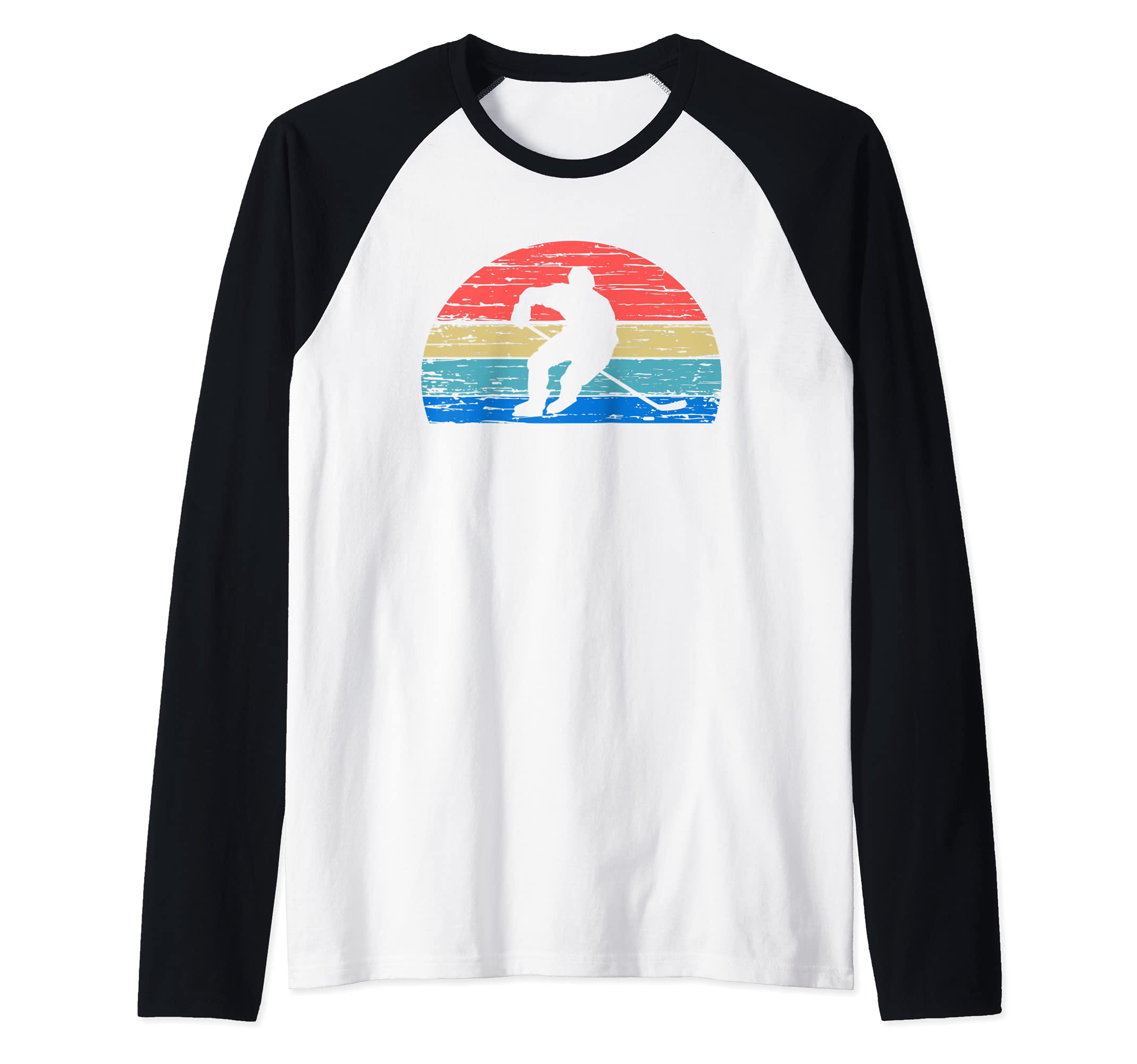 ICE HOCKEY PLAYER FAN RETRO SUNSET VINTAGE STYLE STICK Raglan Baseball Tee, Black