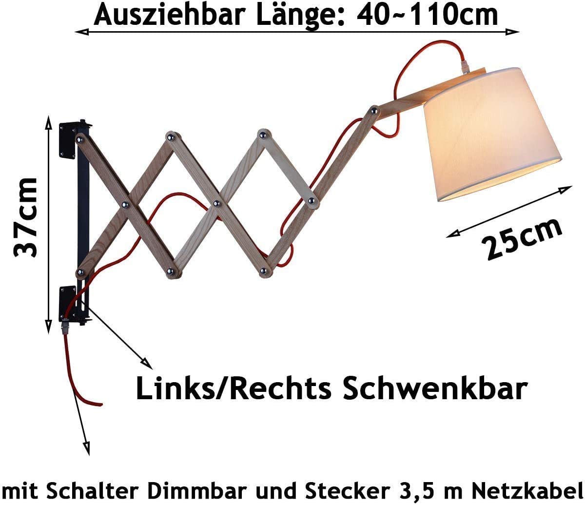 Wandlampen Innen Holz Wandlampe mit Schalter und 1,5m Netzkabel Vintage Scherenlampe Ausziehbar Nachttischlampe Flexible Leselampe Wandleuchte Schlafzimmer Bettlampe E27 Handgearbeitet Stoff Schirm