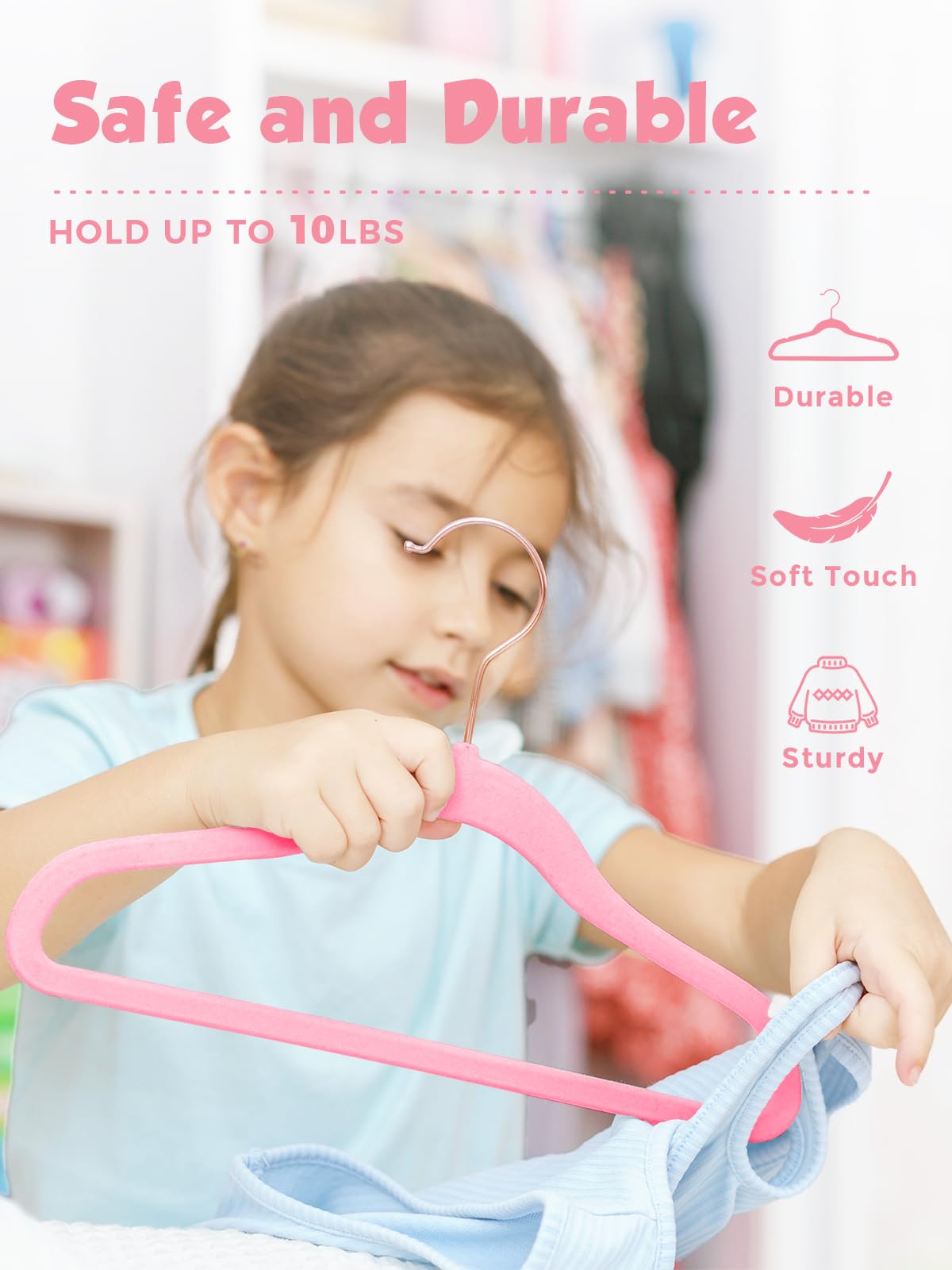 Smartor Perchas de terciopelo para niños, paquete de 50 perchas de fieltro antideslizantes de 14 pulgadas para armario, ahorro de espacio, para ropa de niños pequeños (gancho dorado rosa) - Rosa