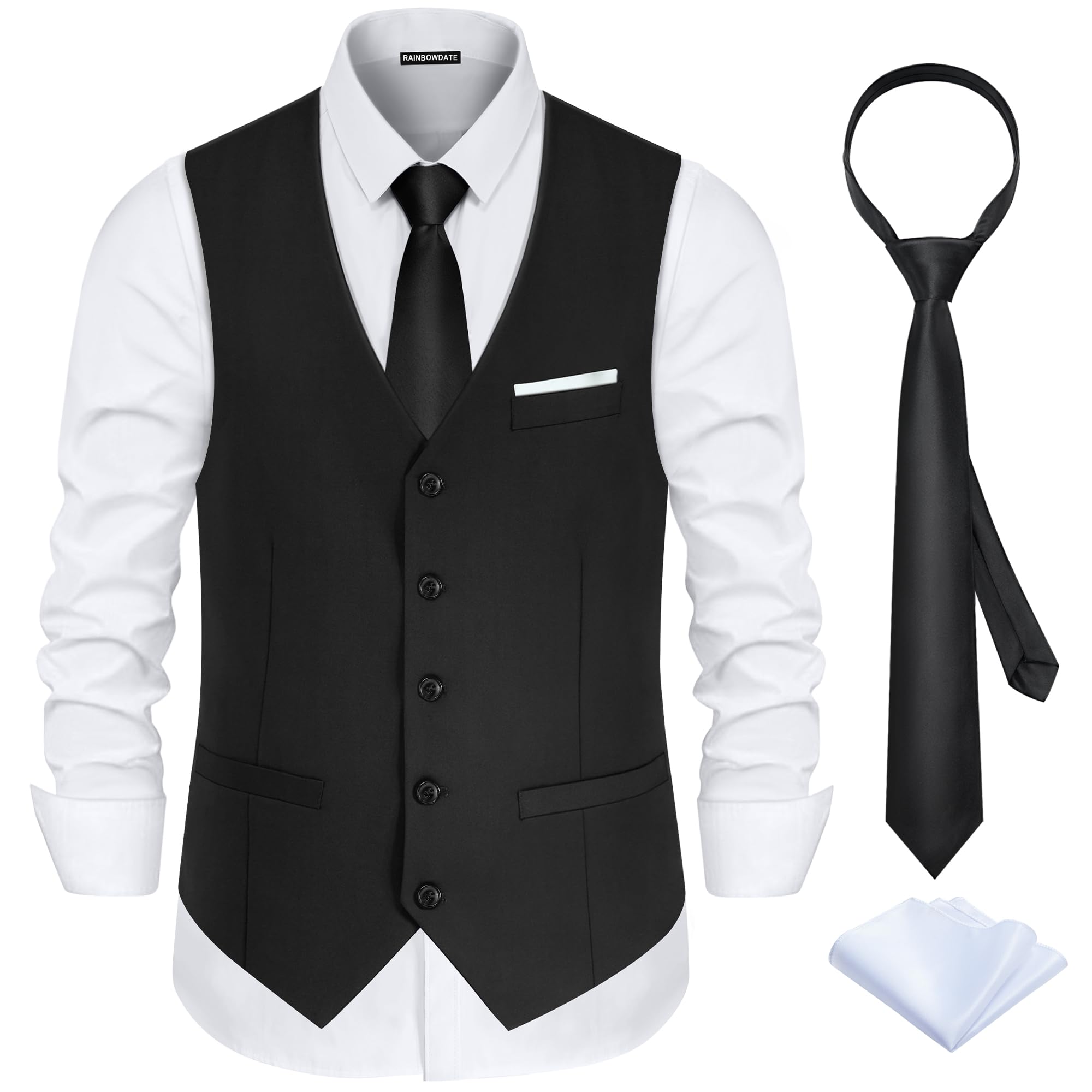 RainbowDate three-piece slim-fit waistcoat with satin back tie and pocket square in black