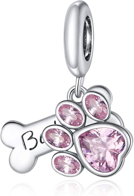 Pet Cat and Dog Charm Bead 925 Sterling Silver Love Heart Pink Crystal Paw Charm Footprints Bead Animal Charms for Bracelet,Compatible with Pandora Charms Bracelet