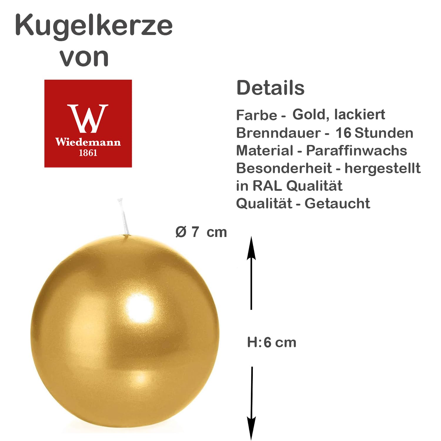 12 KUGELKERZEN Ø 7cm GOLD | Lange Brenndauer 16 Stunden | Stumpen- Kerze Kugel Echtwachs Glänzend Groß | Made in Germany