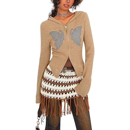 jupkem Y2k Tops Aesthetic Butterfly Graphic Shirt Goth Knit Fitted Long Sleeve Y2k Top Fashion Vintage Fall Clothes for Women