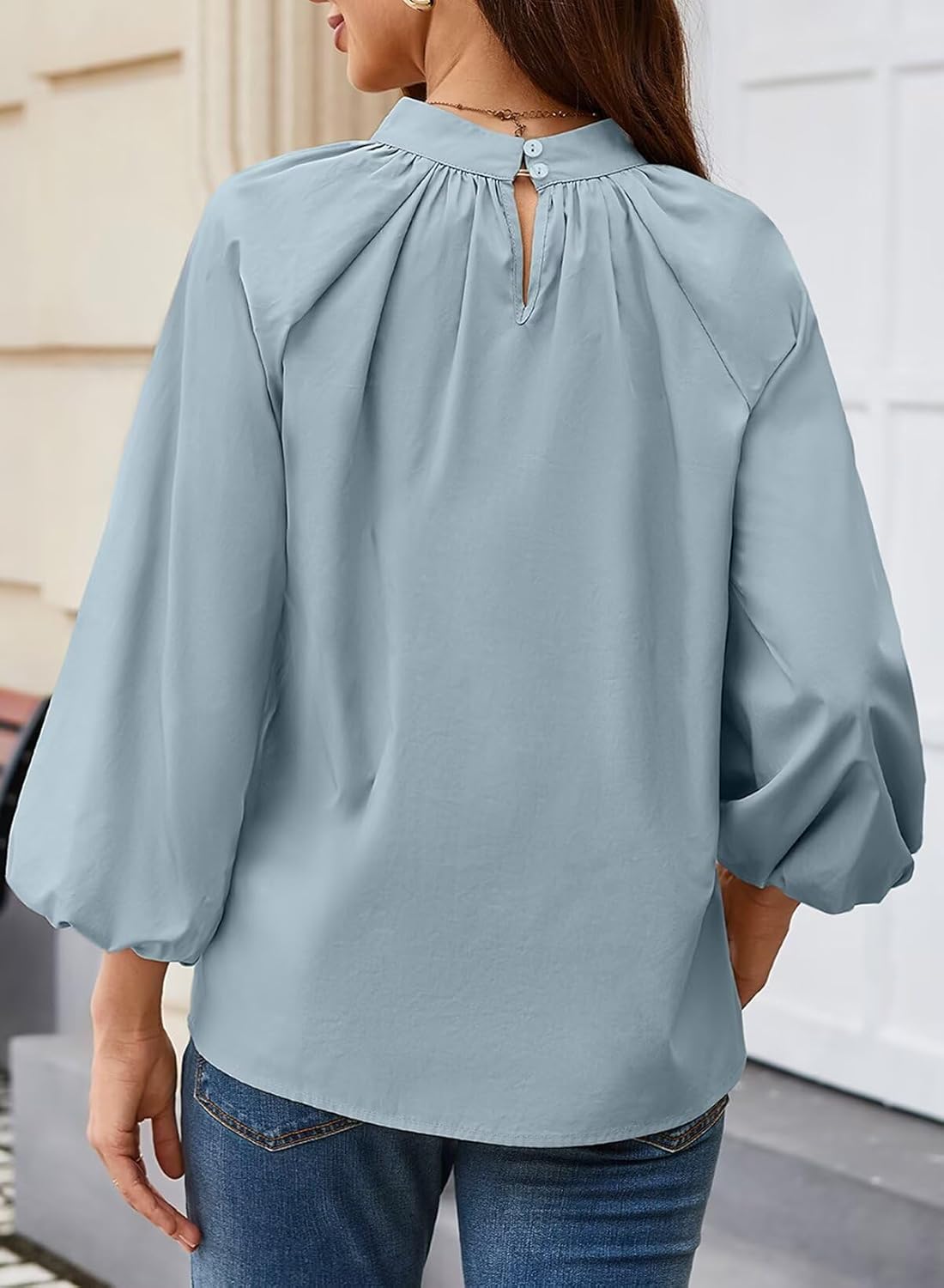 Astylish Women's Long Puff Sleeve Tops Ruffle Dressy High Mock Neck Blouse Shirt - Image 2