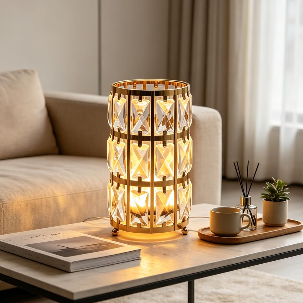Kryształowa lampa stołowa, złota lampa LED z regulacją jasności, z przełącznikiem i kablem, 3 temperatury barwowe lampa na stolik nocny, kryształowa lampa dekoracyjna, lampka nocna do sypialni, salonu