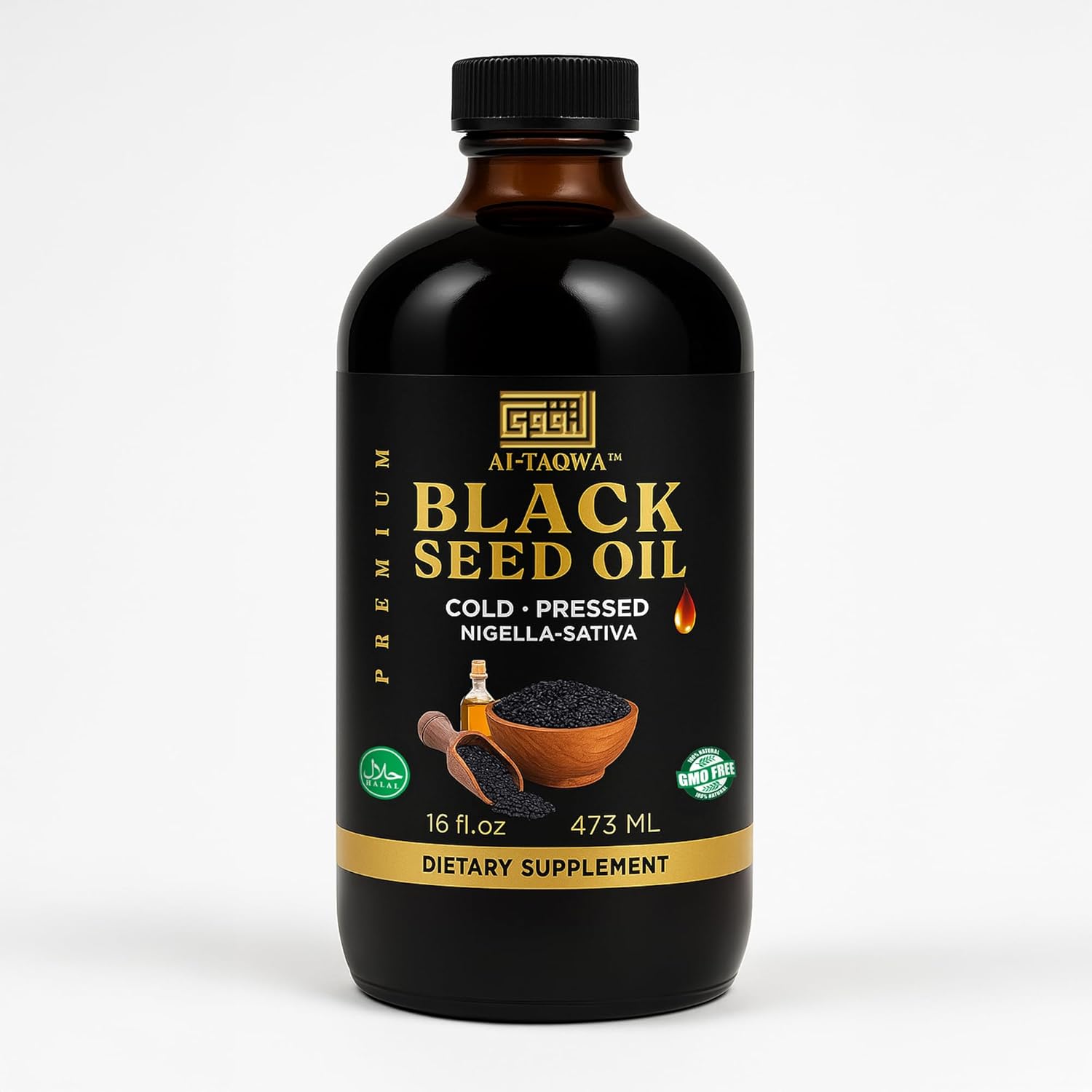 AL-TAQWA Black Seed Oil – Extra Virgin Nigella Sativa (Kalonji) Oil for Hair, Skin & Wellness – Cold-Pressed, Unrefined, Non-GMO, Vegan, Halal – 16oz Amber Glass Bottle