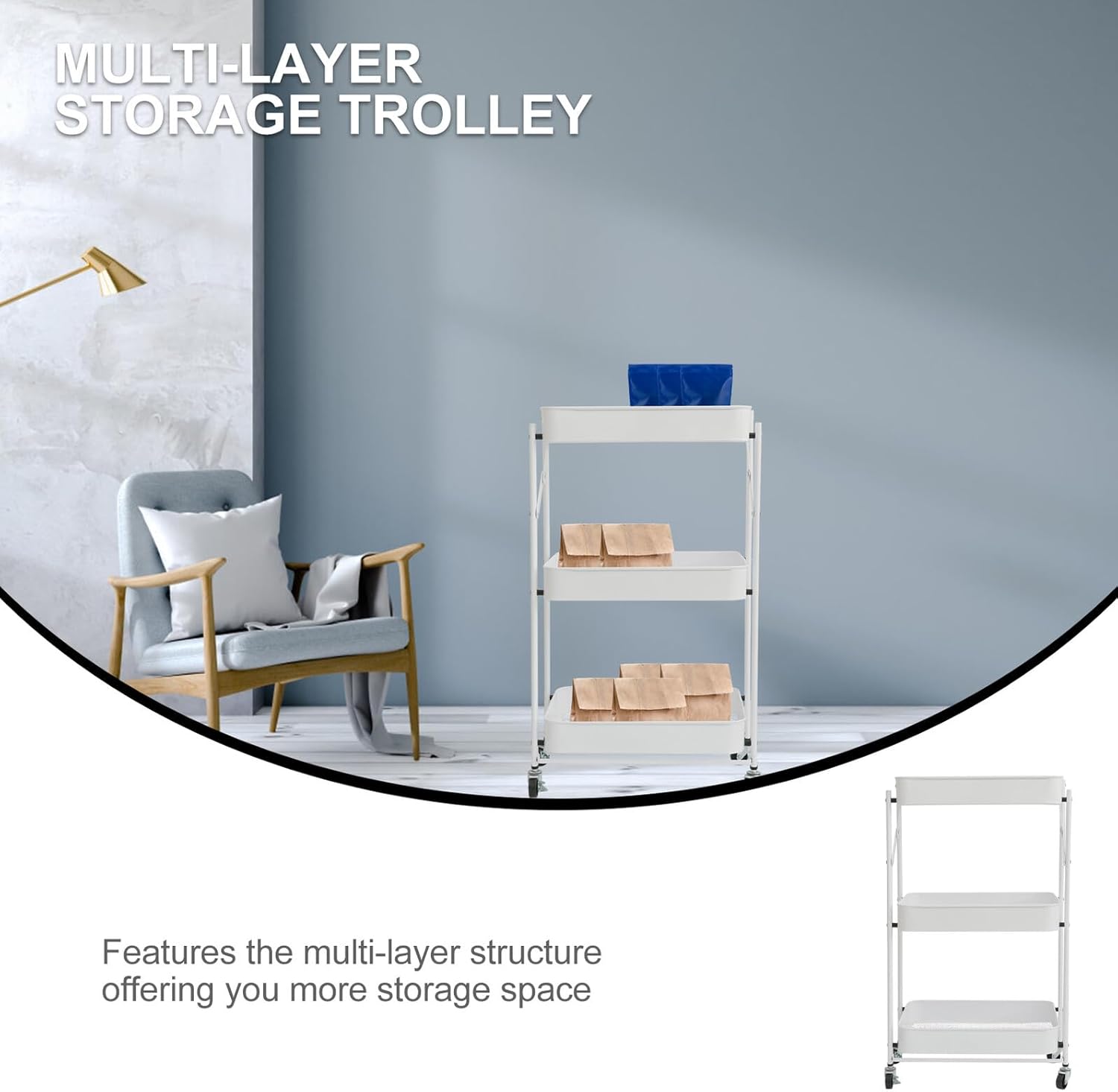 Multi-Layer Beauty Salon Tool Storage Trolley, Ivory White 3-Tier Moveable Sundries Storage Cart with Wheels, No Assembly Required, Home Use Organizing Rack for Bathroom and Office