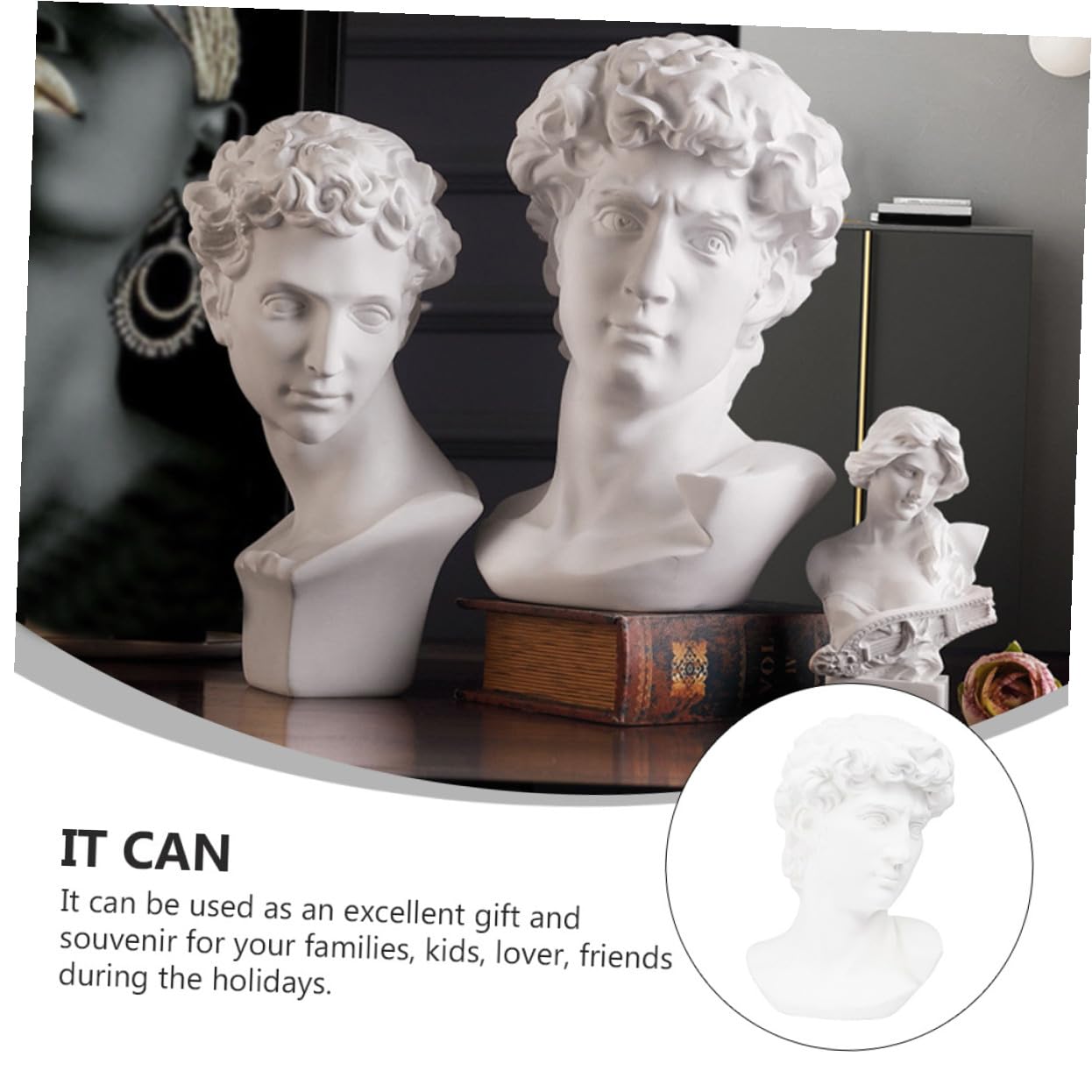 TEHAUX Buste de David en Résine Blanche 30 Cm Statue Esquisse Sculpturale Matériel Pédagogique Décoration Intérieure Apprentissage Artistique Maison et Bureau