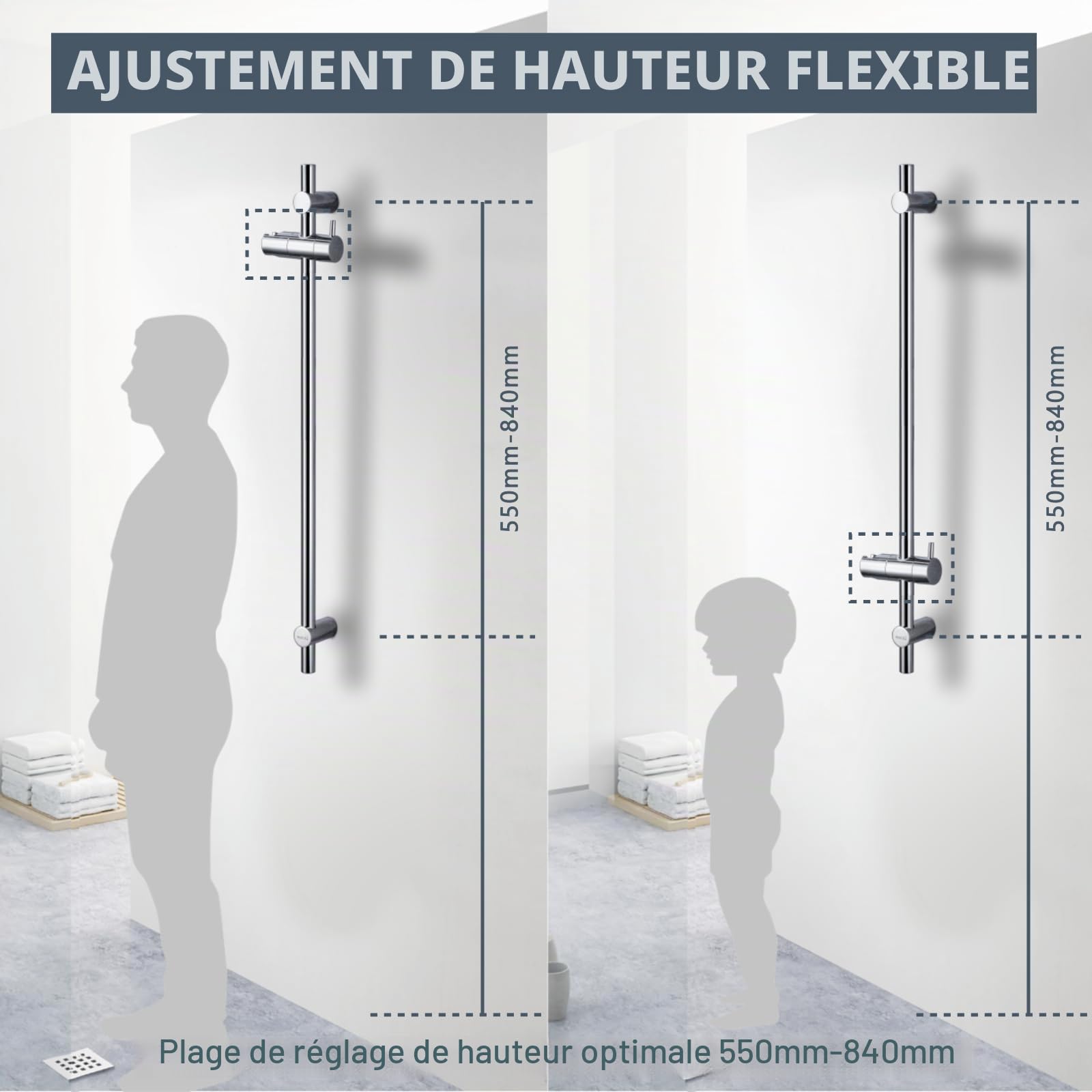 90cm Barre de Douche en Acier Inoxydable, DETBOM Barre de Douche avec Support de Pommeau de Douche Réglable à 360° et Fixations Murales Variables pour S'adapter aux Trous de Perçage Existants, Chromé