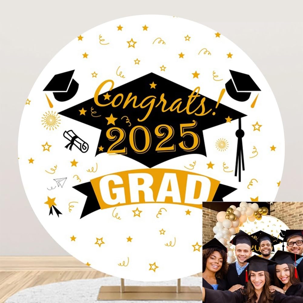 OERJU Runder Fotohintergrund "Klasse 2025" - 2,2x2,2 M, Blau & Gold, Für Abschlussfeiern & Partys