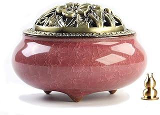 丸香炉 陶器 お香立て付き 香皿 お線香立て お香立て アンティークモダン風 蓋 スティック 渦巻き 線香 赤