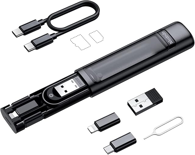mcdodo Multi adapter USB C do ładowania 60 W USB C na Lightning, zestaw 6 w 1, walizka do przechowywania z USB A/Micro-USB/Lightning//TF i gniazdem na karty SIM, do przechowywania kart kablowych