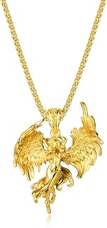 Rockyu Men's Necklace, Silver, Gold, Angel Wing Necklace, Stainless Steel Chain, 21.7 inches (55 cm), Hypoallergenic to Metal, Guardian Angel Pendant, Christmas, Birthday, Anniversary, Amulet