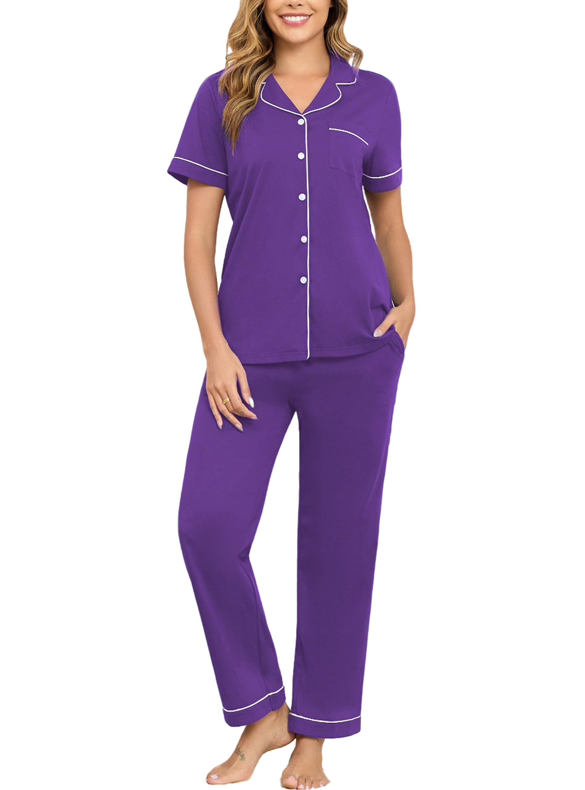 Veseacky 100% Cotton Pajamas for Women Set Short Sleeve Button Down Sleepwear Soft 2 Piece Summer Pjs Lounge Sets S-XXL