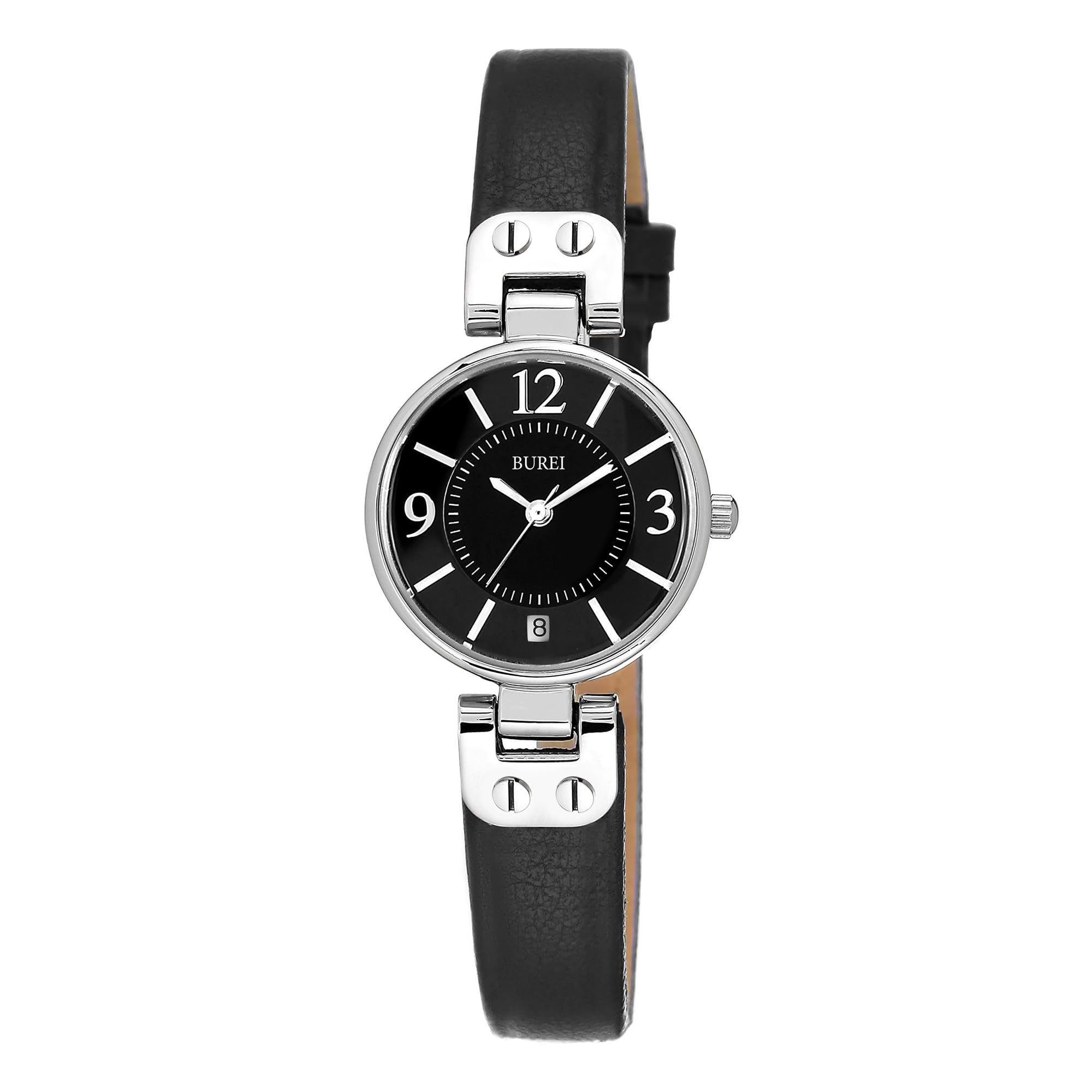 BUREI Orologio al quarzo da donna, 25 mm, quadrante piccolo ed elegante con cinturino in pelle, minimalista, leggero, casual, regalo per la festa della mamma, nero-argento-nero-argento, Casual Nicchia