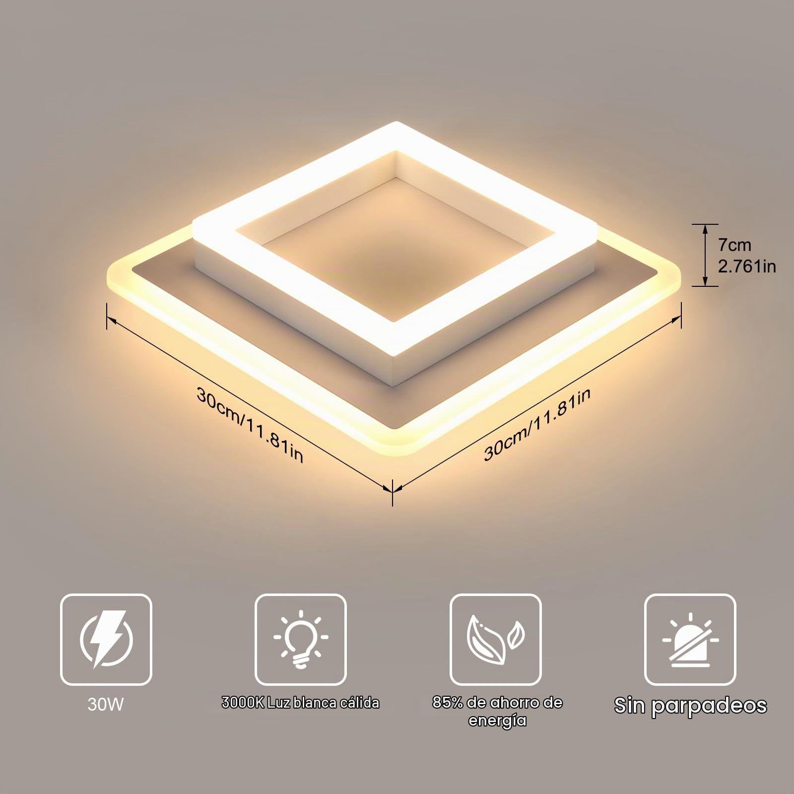 Lámpara de Techo LED, 30W Plafon LED Techo Cuadrada | Luz de Techo Blanca Modernas de Acrílico para Dormitorio Pasillo Cocina, Luz Calida 3000K, 30CM