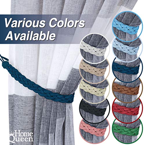 Home Queen Hand Braided Curtain Tieback, Buckle Drapery Curtain Tie Back, 4 Rope Belt Curtain Tie with 4 Metal Hooks, Navy - Thumbnail 7