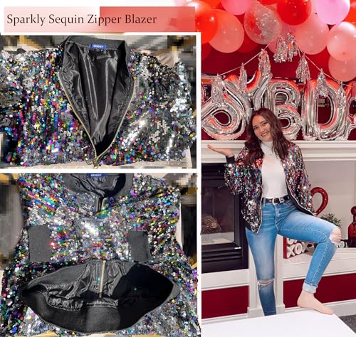 Cresay Women's Sequin Fitted Long Sleeve Zipper Blazer Bomber Jacket2