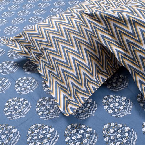 Image of Huesland by Ahmedabad Cotton 144 TC Cotton Elastic Fitted Bedsheet King Size with 2 Pillow Covers | 72 x 78 inches