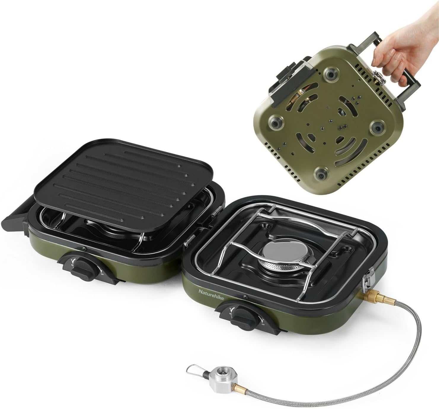 Naturehike 2-in-1 Gas Camping Stove, Frying Pan, Stove with Adjustable Burners, 88.18 oz, Carrying Handle, Portable, Iron SkilletPerfect for Camping & Hiking, Emergency Cooking