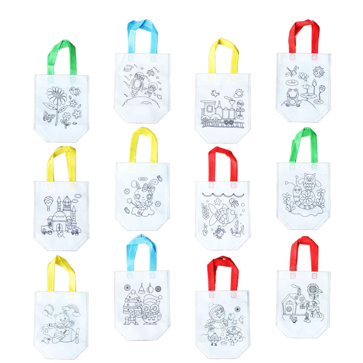 Mipcase 12pcs DIY Nonwoven Coloring Bags Set, Foldable Graffiti Drawing Tote Bags with Printed Patterns, Portable Art Craft Storage Pouches for Home, Kindergarten, Outdoor Use Random