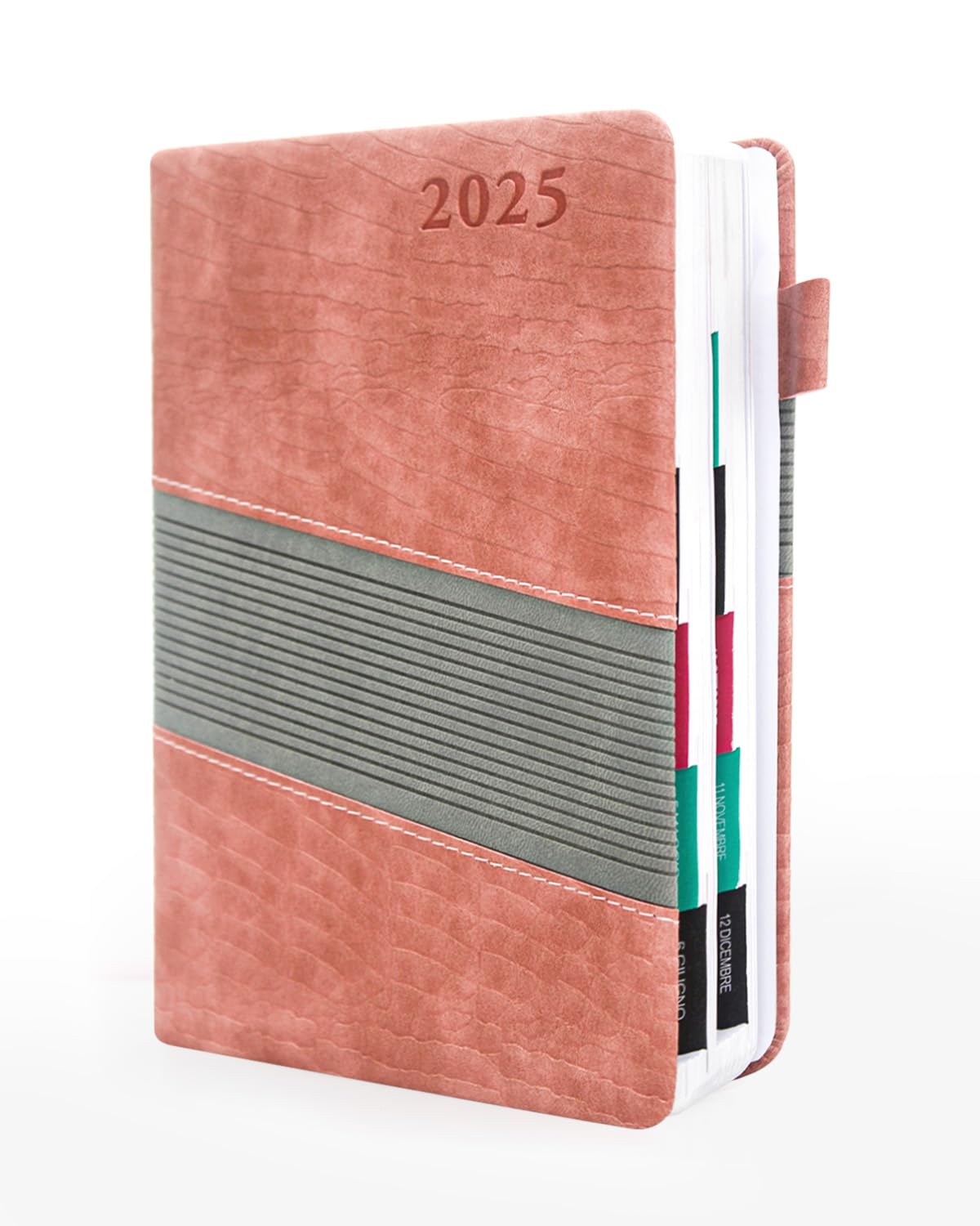 HW CASA Pelle PU Patchwork Bicolore Agenda 2025 Giornaliera,Una Sola Pagina per Un Solo Giorno,Formato A5,200 Pagine,Con Etichette Mensili Colorate e Piani Mensili,Con Passante per Penna (Rosa)