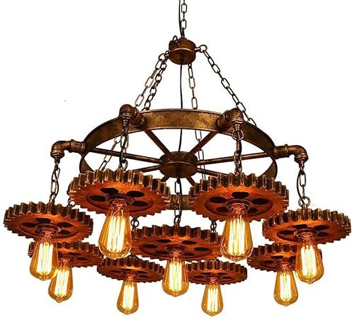 Lámpara colgante de 9 cabezales Steampunk con forma de engranaje industrial, retro, lámpara colgante de cadena de hierro, lámpara de techo colgante