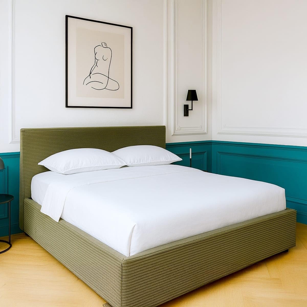 HOMIFAB Ensemble Lit Coffre Adulte 140x190cm avec tête de lit en Velours côtelé Vert - Tina + Matelas mémoire de Forme - Memo HR