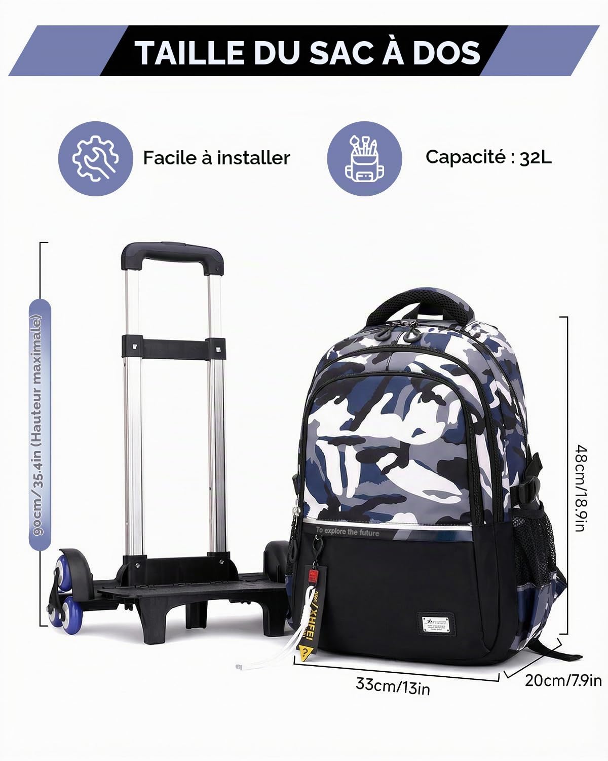 Amythe Cartable à Roulettes Garçon - Sac à Dos Scolaire Garçon avec Chariot Détachable pour Collège Lycée, Compartiment Ordinateur 15,6 Pouces, 6 Roues, Pour L'école Loisirs -Noir