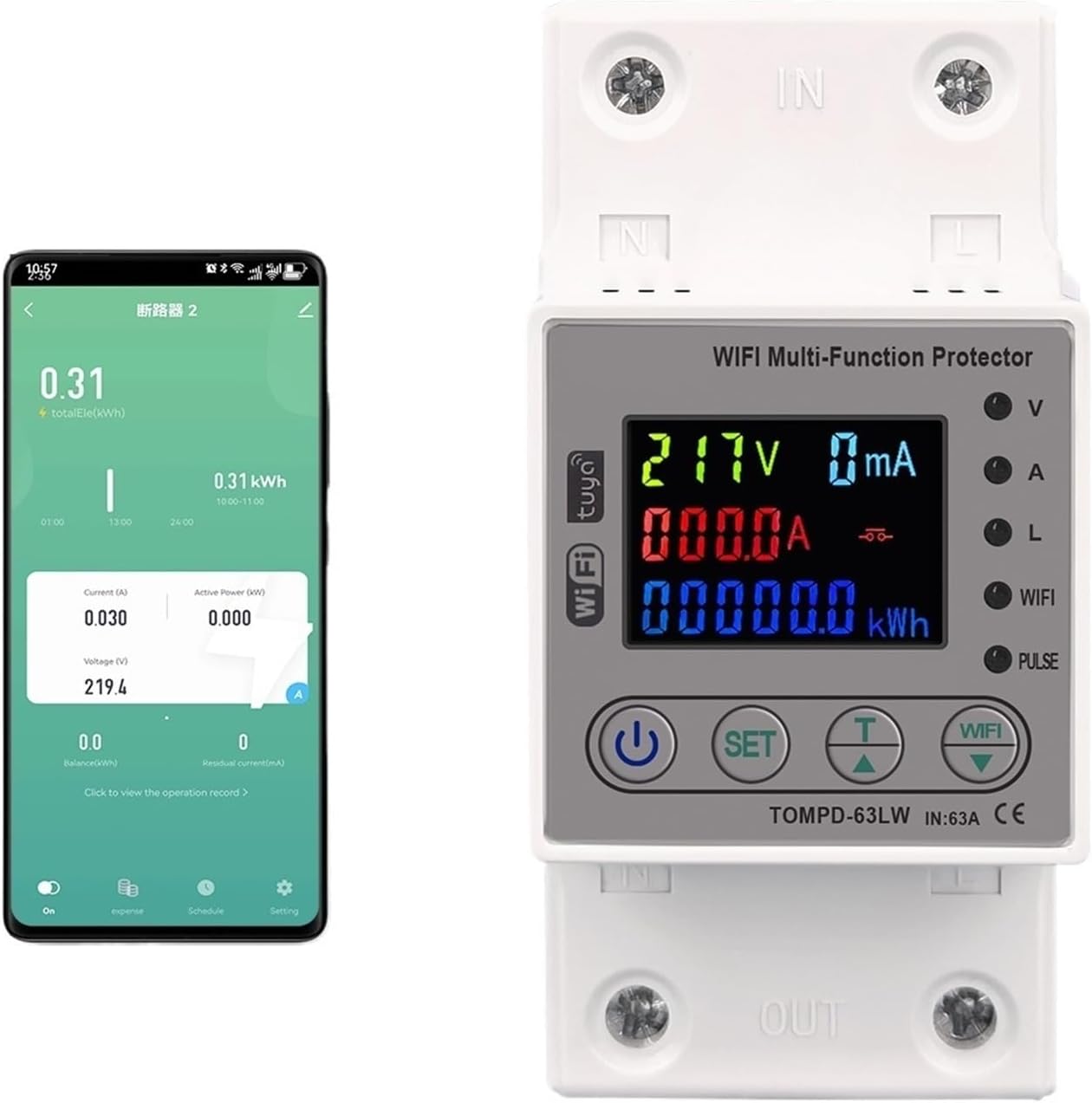 63A 80A WiFi Smart Energy Meter Kwh Metering Circuit Breaker Timer with Voltage Current and Leakage Protection TUYA TOMPD(80A)