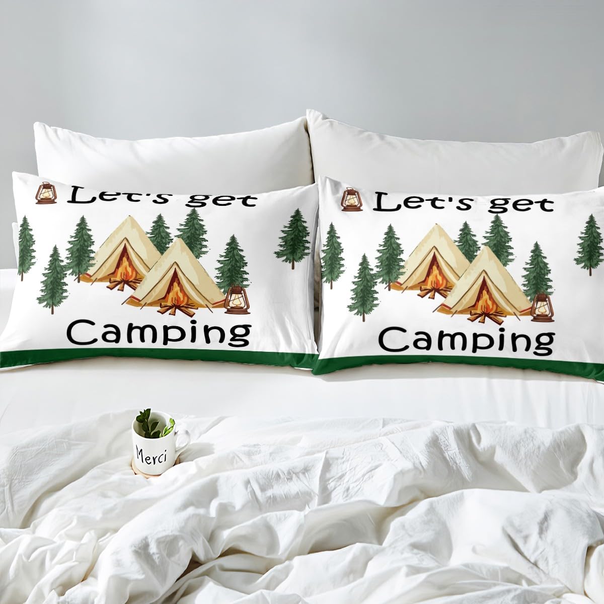 Loussiesd Happy Camping zestaw poszewek na kołdrę, rozmiar king size, dla dzieci, chłopców, dziewcząt, nastolatków, wzór ogniska, zestaw pościeli, akcesoria do przyczep podróżnych, biała poszewka na
