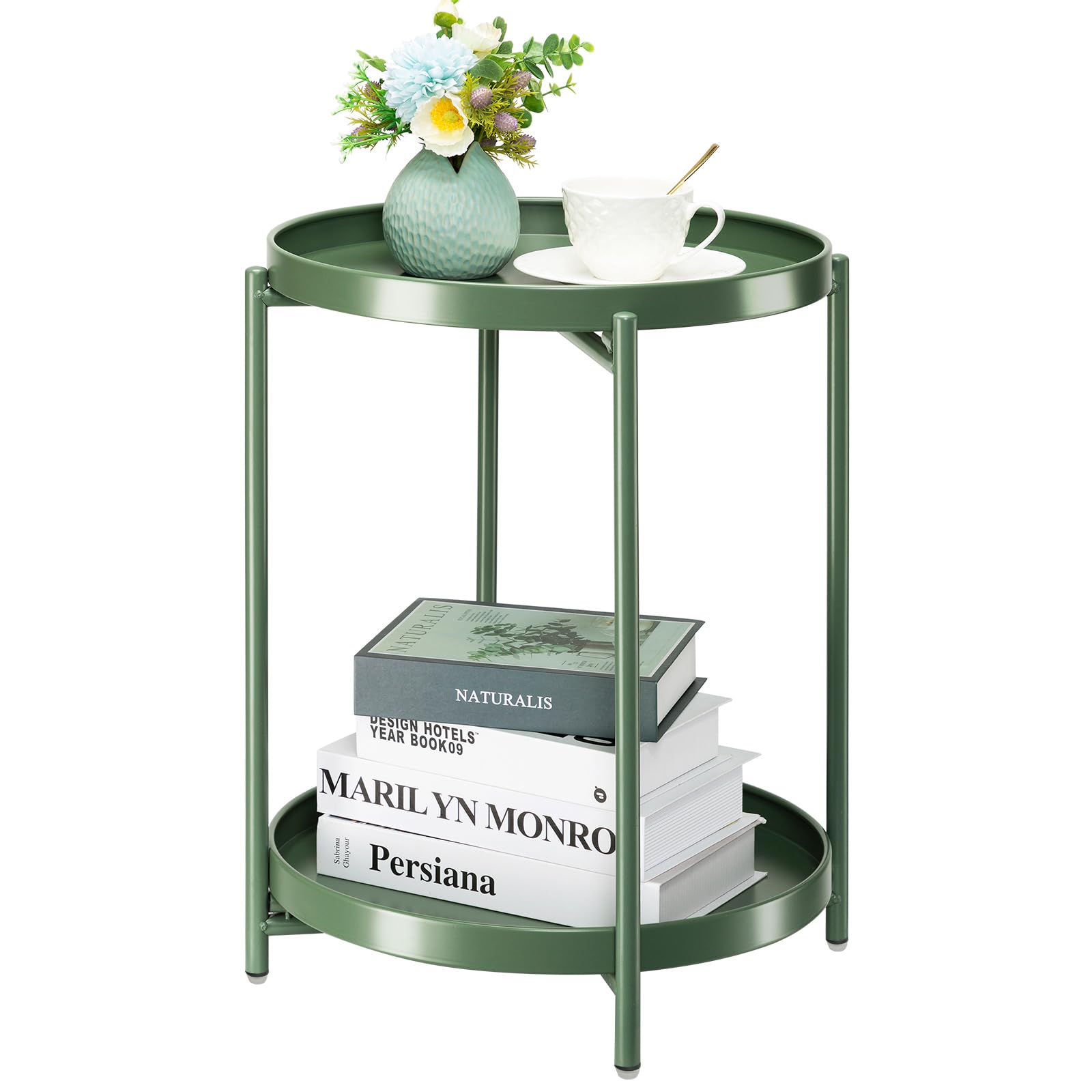 danpinera 2 Tier Metal Side Table with Removable Tray, End Table Outdoor Small Accent Table, Anti-Rust Green Nightstand for Bedroom Balcony Patio (Dark Green)