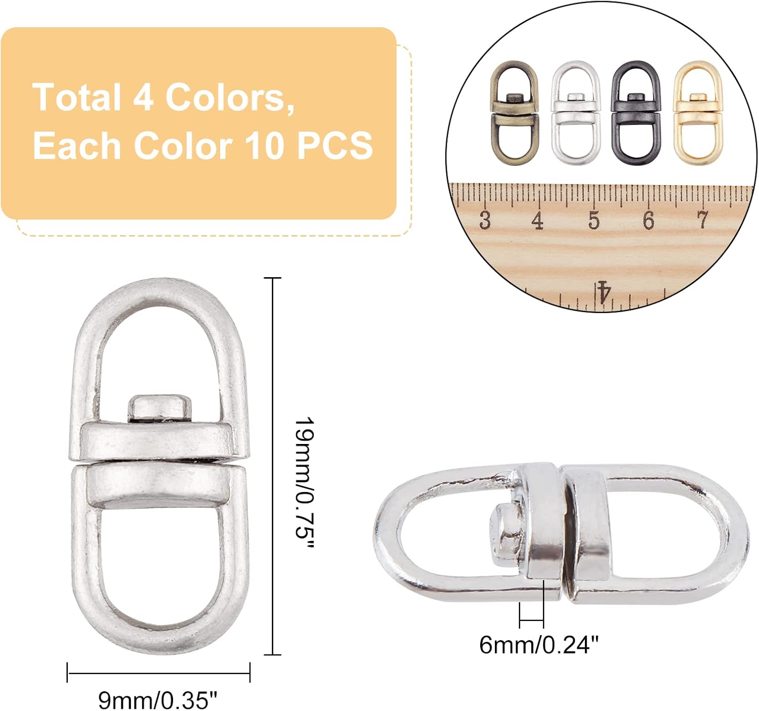 WADORN 40pcs Key Chain Swivel Connectors Clasp, 4 Colors Double Ended Metal Swivel Eye Hooks Swivel Lanyards Key Ring Connectors for Jewlery Keychain DIY Crafts Making Accessories, 0.75×0.35 Inch - Image 2