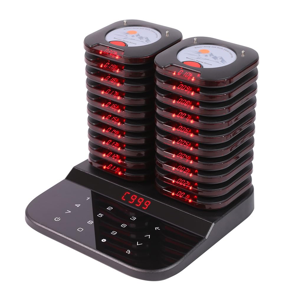 AGJ Restaurant Pager System Touch Keyboard Wireless Calling System 20 Pagers Beeper Buzzer Guest Customer Queue Pagers for Food Truck Church Nursery Clinic Coffee Shop with Buzzer Vibration Flash