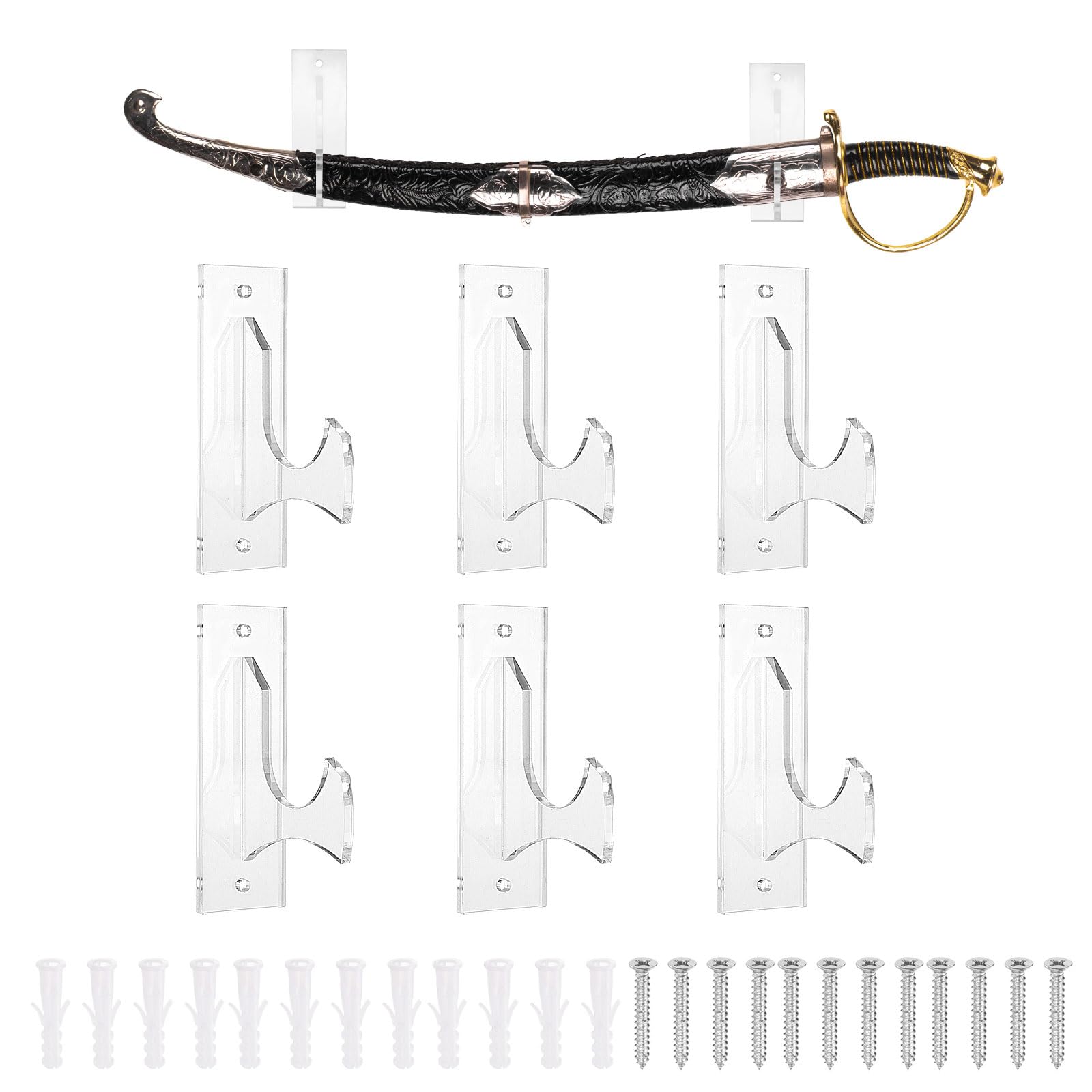 uxcell 6 Pcs Sword Holder Wall Mount Sword Racks Acrylic Wall Sword Display Hanger with Mounting Tools for Knife Martial Arts Sword Placement Display, Clear