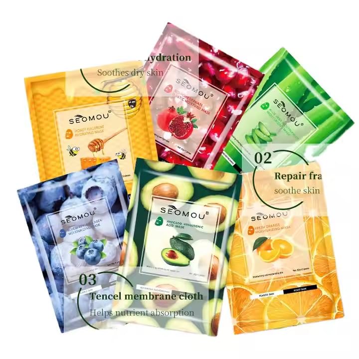ClickAE [6 packs] Fruit Facial Mask Hydrating sheet, Collagen Protein Firming Anti-Aging, Facial Deep Moisturizing, natural Skincare Face Mask