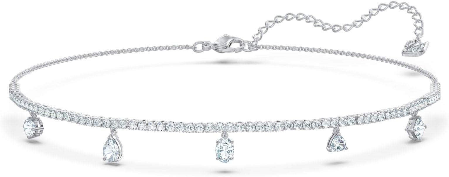 Swarovski Women's Tennis Deluxe All-Around Choker Necklace With Clear Crystals And Drop Features On A Rhodium Setting