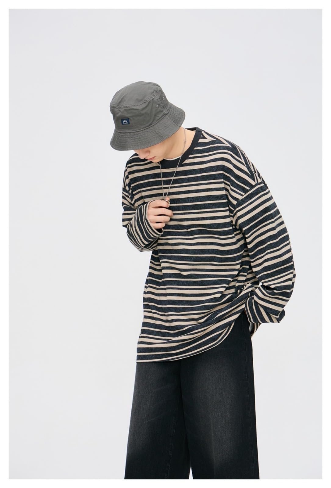 Camiseta Unisex De Algodón Pesado, Camiseta De Manga Corta Informal, Suave Y De Gran Tamaño,Básica,Camiseta A Rayas De Manga Larga, Cuello Redondo Holgado.,Negro,l