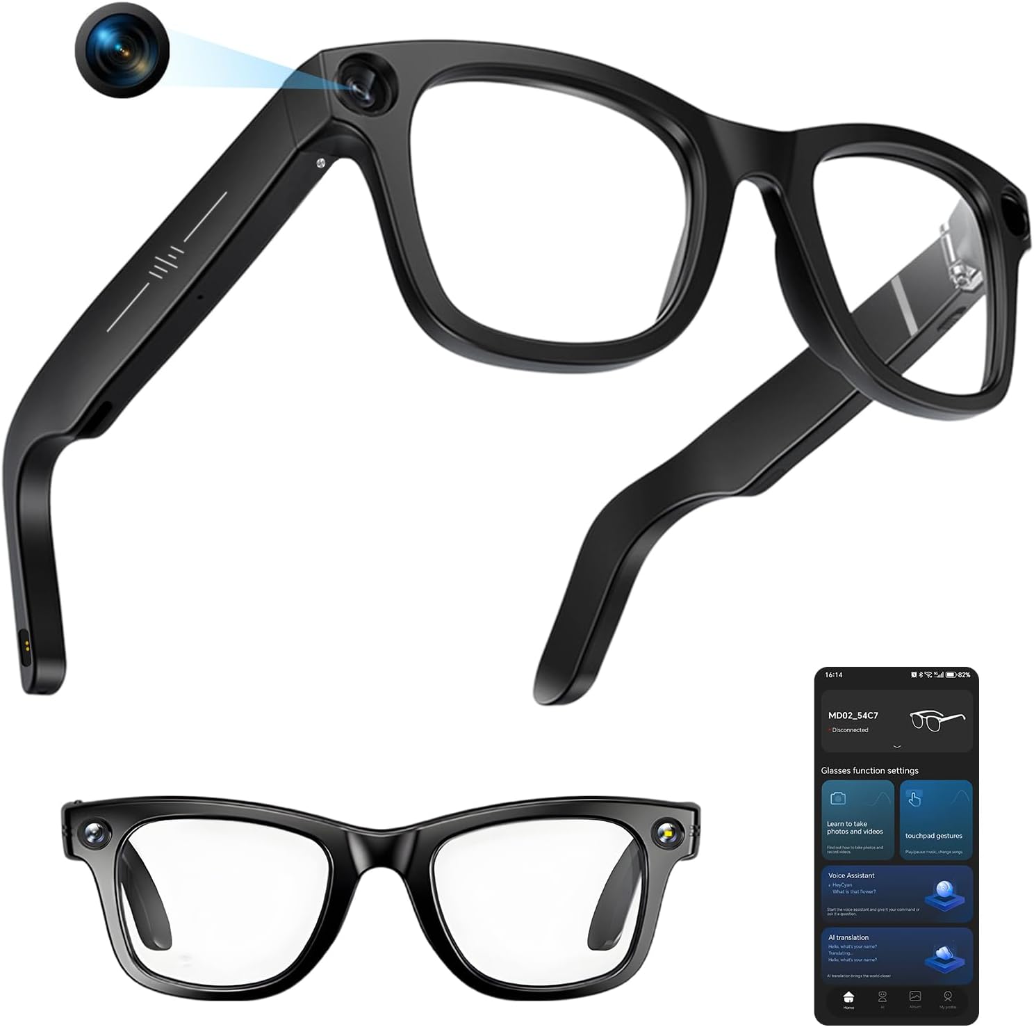 AI Smart Glasses with Camera, Bluetooth Wearable Tech Eyeglasses for Men and Women, Photo Video Recording, Dual-Mic Noise Reduction, Voice Control Long Lightweight Fashion Camera Glasses (M20)