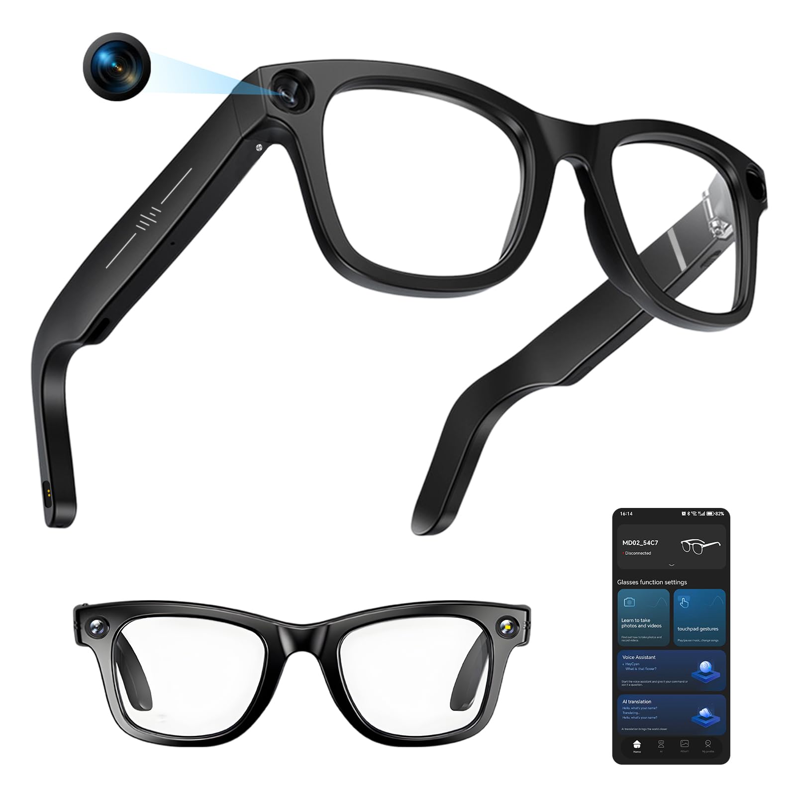 ai smart glasses with camera, bluetooth wearable tech eyeglasses for men and women, photo video recording, dual-mic noise reduction, voice control long lightweight fashion camera glasses (m20)