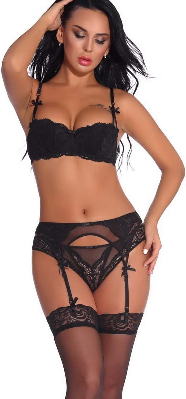 Women Push Up Embroidery Bras Set Lace Lingerie Bra and Knickers & Garter Belt Suspender & Thigh High Stockings 4pcs/Set