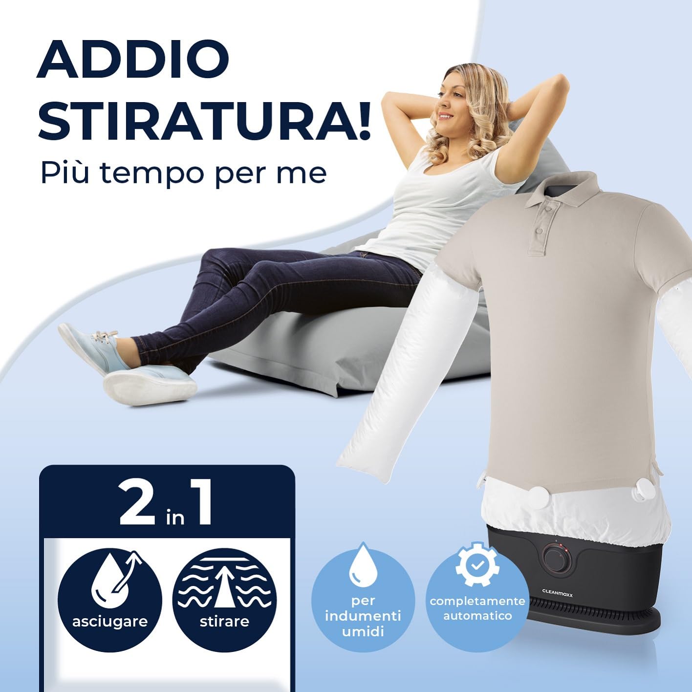 CLEANmaxx Ferro da stiro automatico per camicie PRO con attacco per pantaloni | Sostituisce ferro da stiro, vaporizzatore | Per camicie, camicette e pantaloni | Innovativo ed efficiente