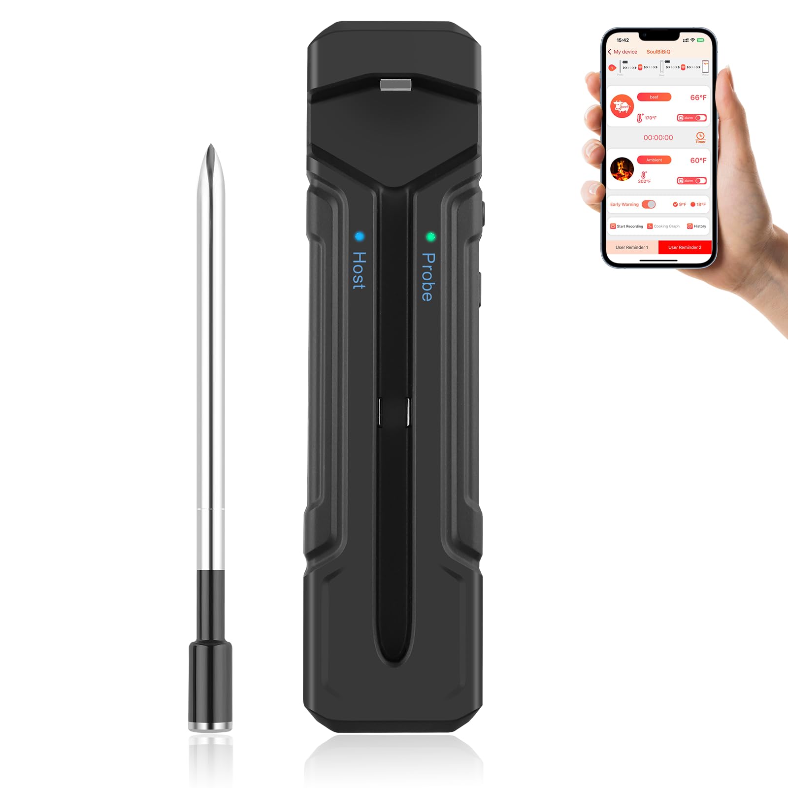 Wireless Meat Thermometer with Instant Read - 300FT Remote Digital Food Thermometer with Stainless Probe for Cooking, Grill, Oven, Smoker - Dual Sensor, Waterproof, Up to 120H Battery Power