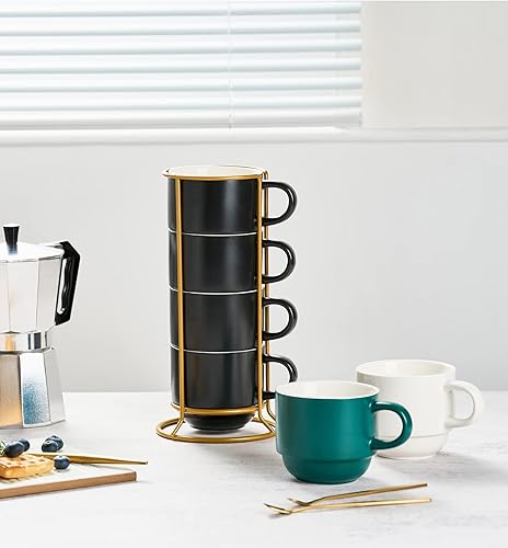 Miniatura 5 de YHOSSEUN Juego de 4 tazas de café apilables de porcelana con estante tazas Demitasse con cucharas de expreso 11 onzas para bebidas de café latte